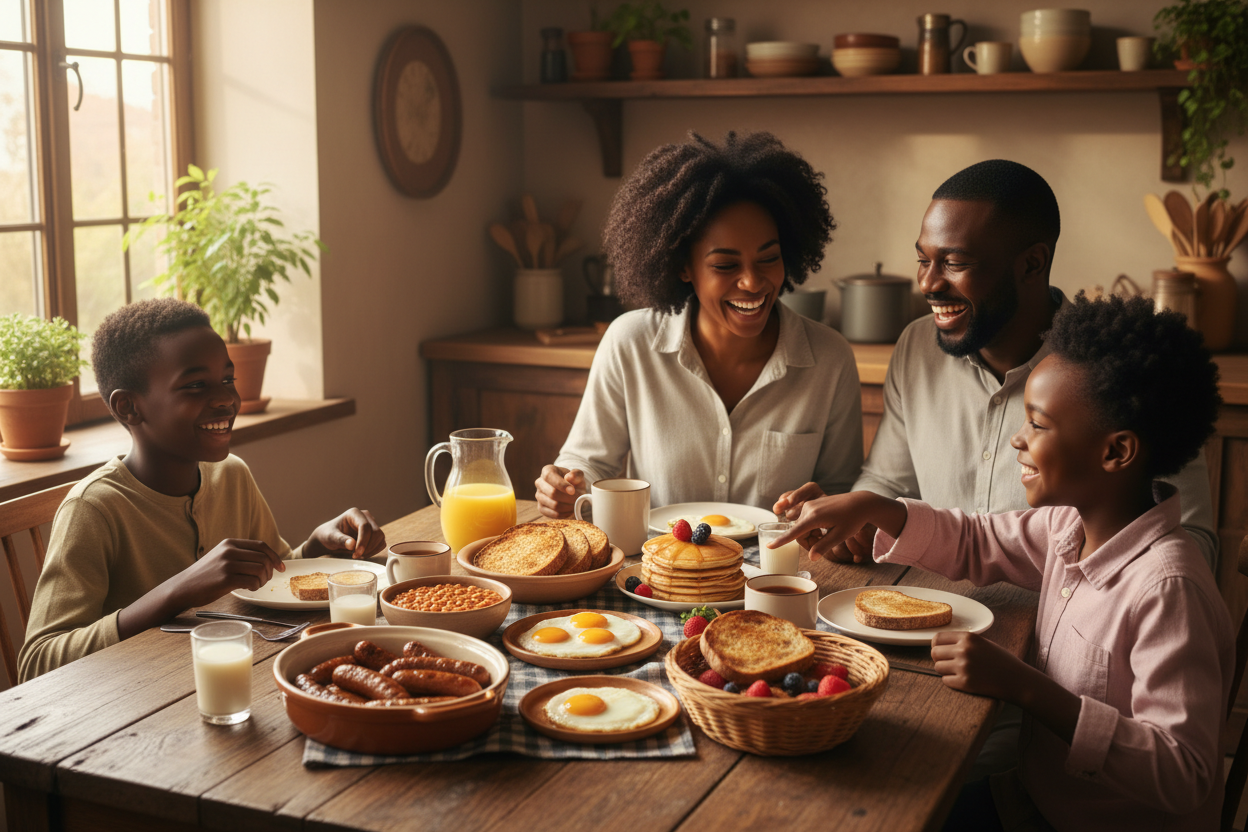 A black family sitting at a table about to enjoy a hearty breakfast of SAusages, baked beans, silced bread, eggs, and more