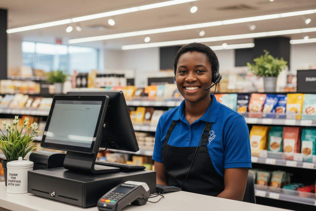 A black till operator sitting at the till with a headset smiling at the camera