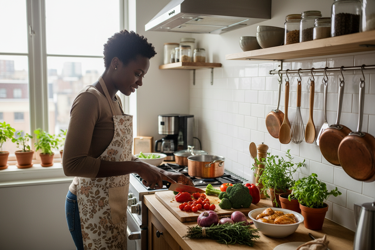 A black woman cooking a home cooked meal in their apartment.